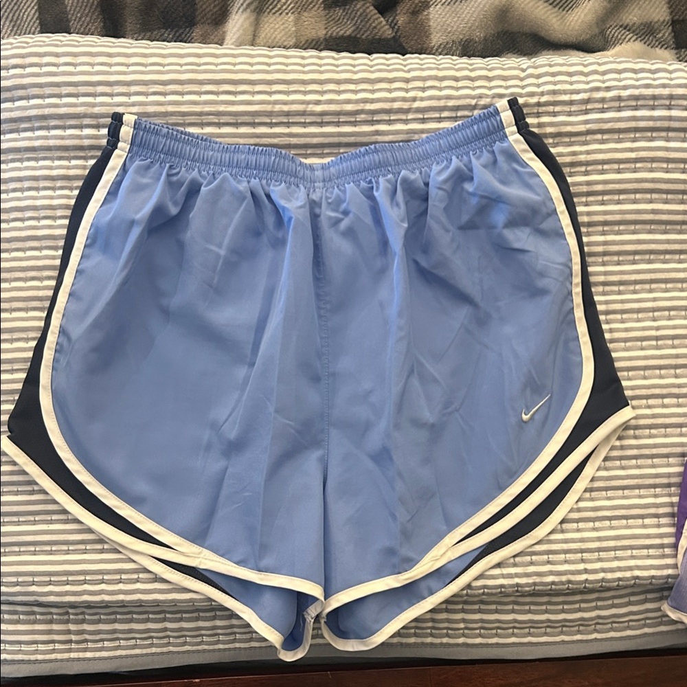 Nike Women's Sky Blue Dri-Fit Shorts with Black Accents
